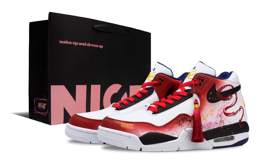 Nike Flight Legacy Soaring Red Snake Anti Slip Wear Resistant Mid Top Vintage Basketball Shoes Men's White Black Red