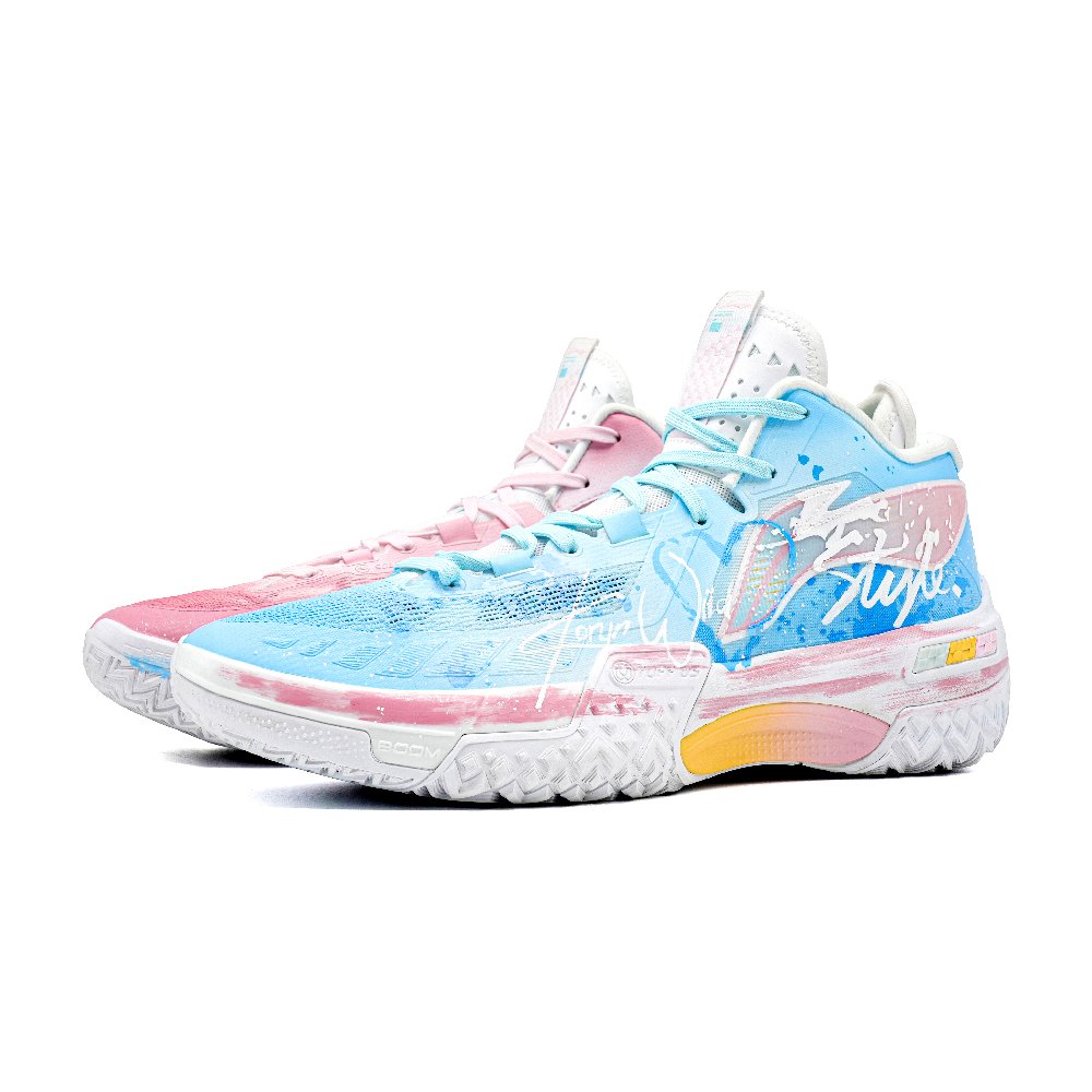 LiNing Shudder Shock Absorbers Slip Resistant Mid Top Basketball Shoes Men's Blue Pink