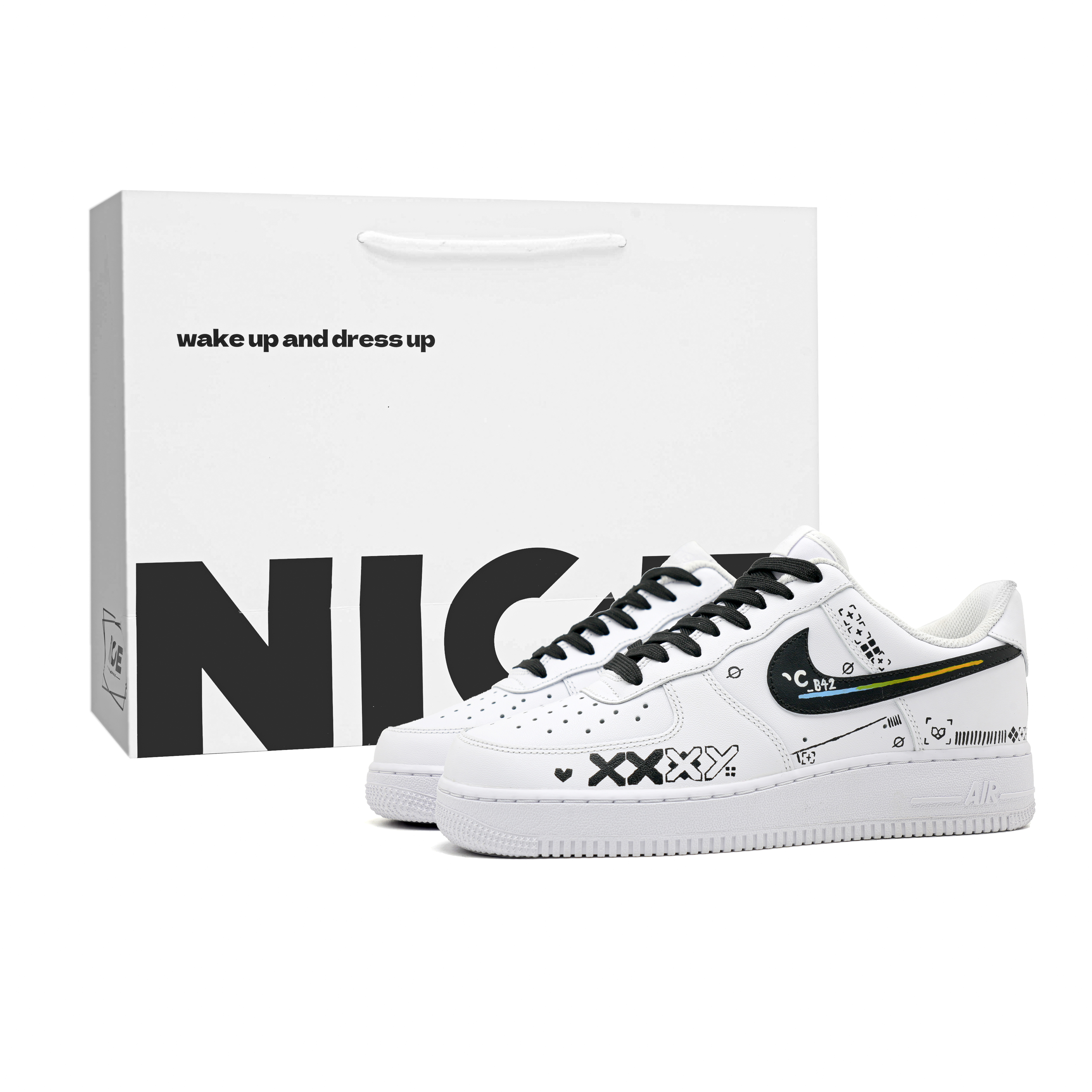 Nike Air Force 1 Print Collection 2.0 Cushioning Lightweight Low top Skateboard Shoes Unisex Black White