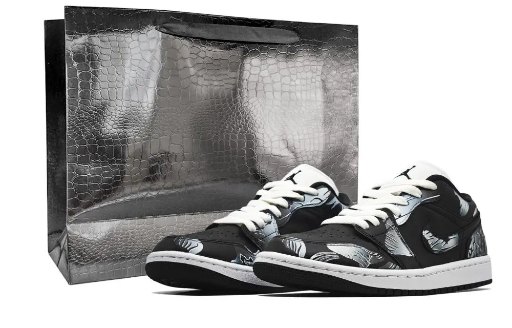 Jordan Air Jordan 1 Dark Phoenix, Shopping Bag Abrasion Resistant Low top Vintage Basketball Shoes Unisex Black White