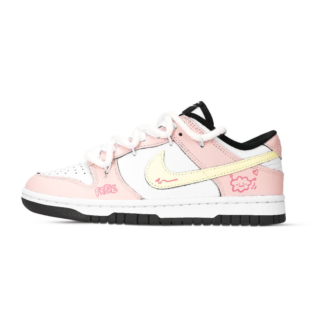Nike Dunk Black White, Pink Cloud Abrasion Resistant Low Top Skateboard Shoes Unisex Pink Yellow White