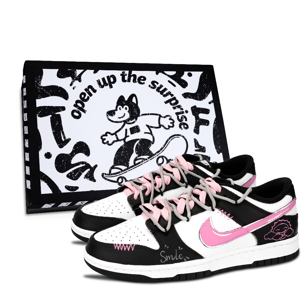 Nike Dunk Black White, Sunshine Smile Abrasion Resistant Low Top Skateboard Shoes Unisex Pink