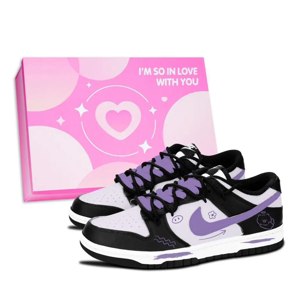Nike Dunk Black White, Cute Pig Purple Drawing Abrasion Resistant Low top Skateboard Shoes Unisex Purple