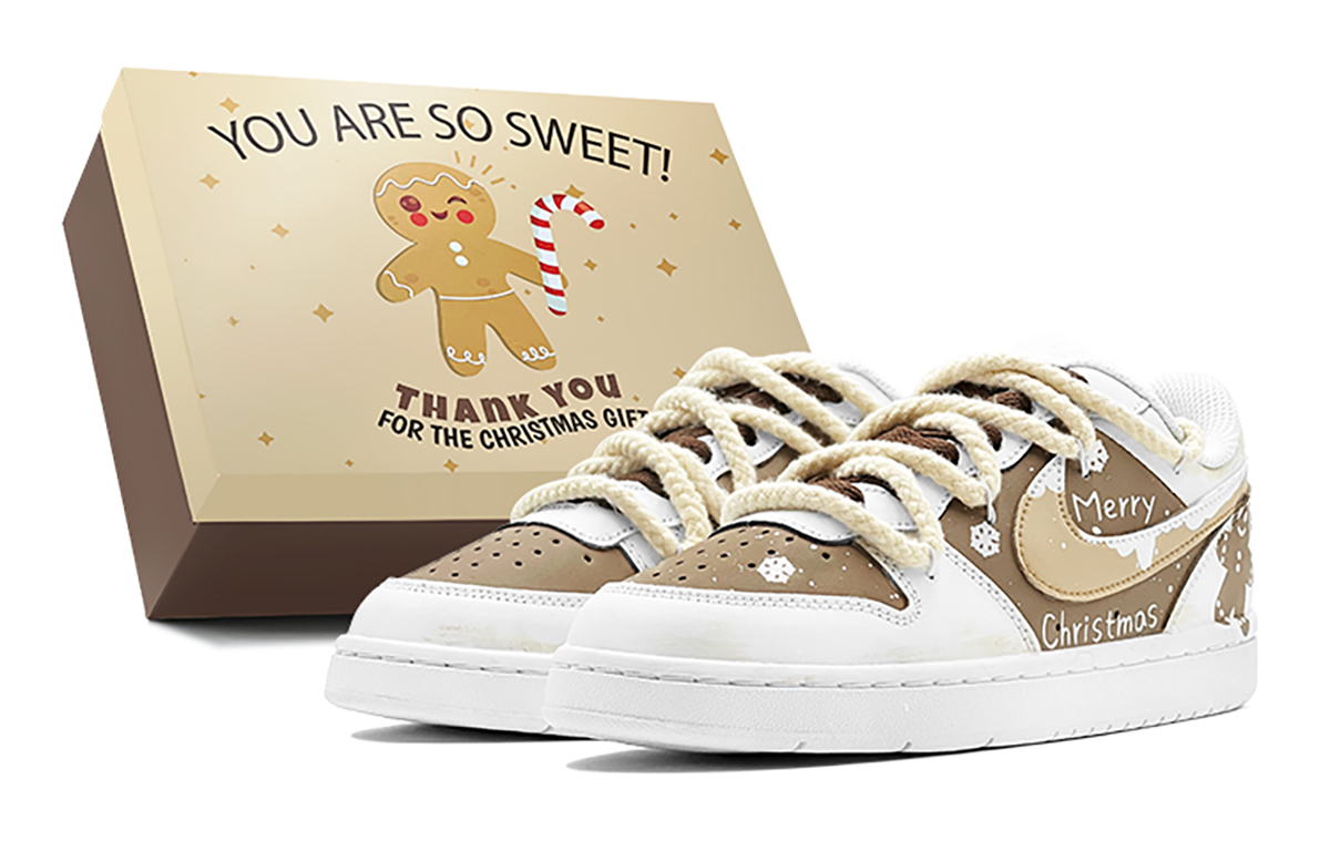 Nike Court Borough Series Winter Greetings, Snowflake Gingerbread Man Low top Skateboard Shoes GS Yellow Green