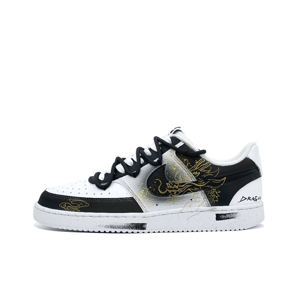 Nike Court Vision 1 Low Top Skateboard Shoes Men's Black White Gold