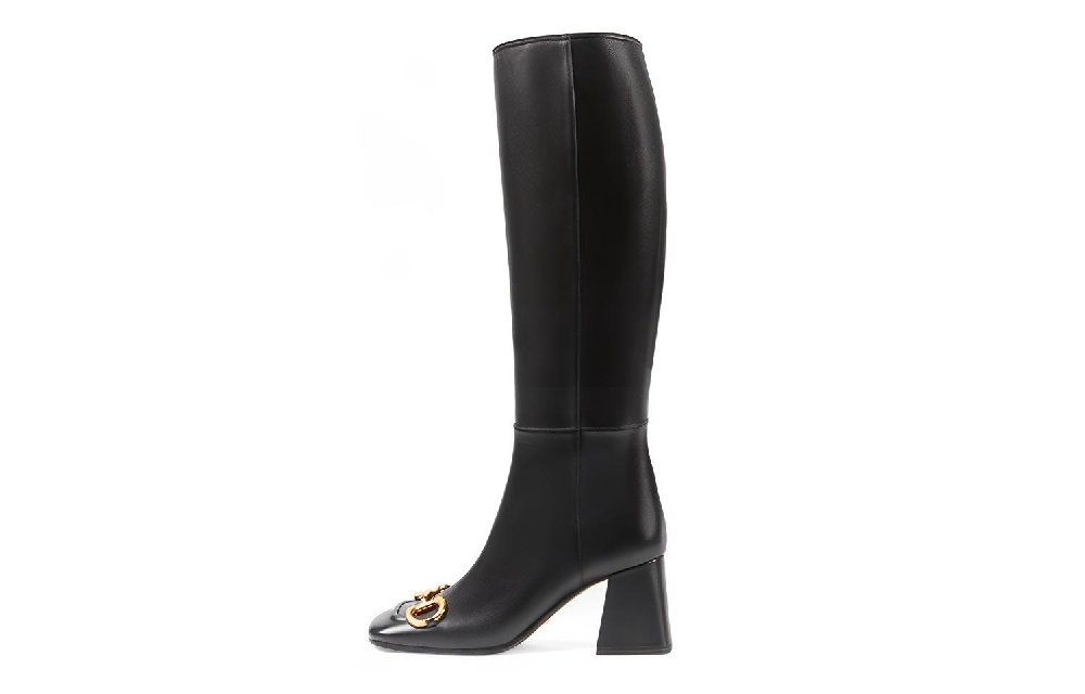 GUCCI Horsebit Knee High Boots 7.5cm Women's Black