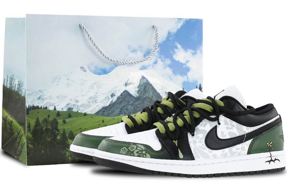 Jordan Air Jordan 1 Slip Resistant Low Top Vintage Basketball Shoes Unisex Black Green