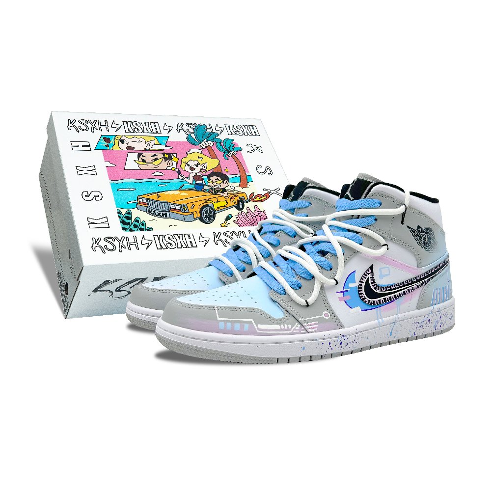 Jordan Air Jordan 1 Cushioning Anti-Slip And Wear-Resistant Mid-Top Vintage Basketball Shoes Men's Blue Gray
