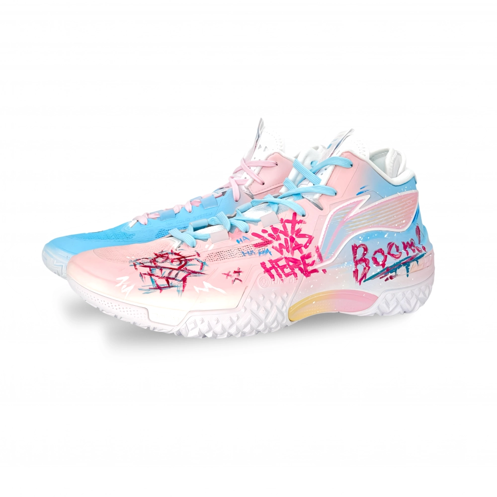 LiNing Shudder Cushioning, Wear Resistant Mid top Basketball Shoes Men's Blue Pink Mismatched