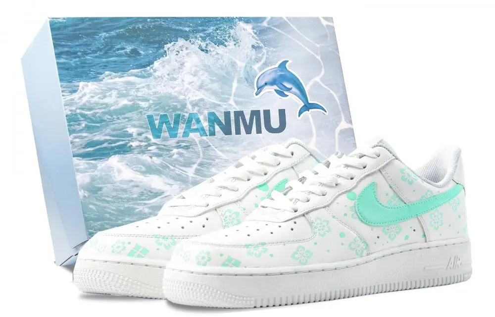 Nike Air Force 1 Blue And White Floral Abrasion Resistant Low top Skateboard Shoes Unisex White Cyan
