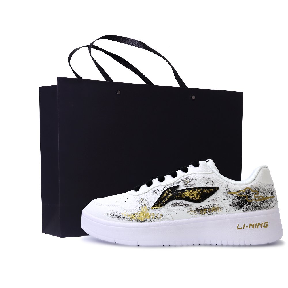 LiNing Pontoon Boats Abrasion Resistant, Lightweight, And Breathable Low Top Skateboard Shoes Unisex White Black Gold