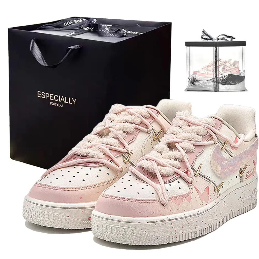 Nike Air Force 1 Mini Gold Oil Paintings Butterfly Skateboard Shoes Women's Pink White