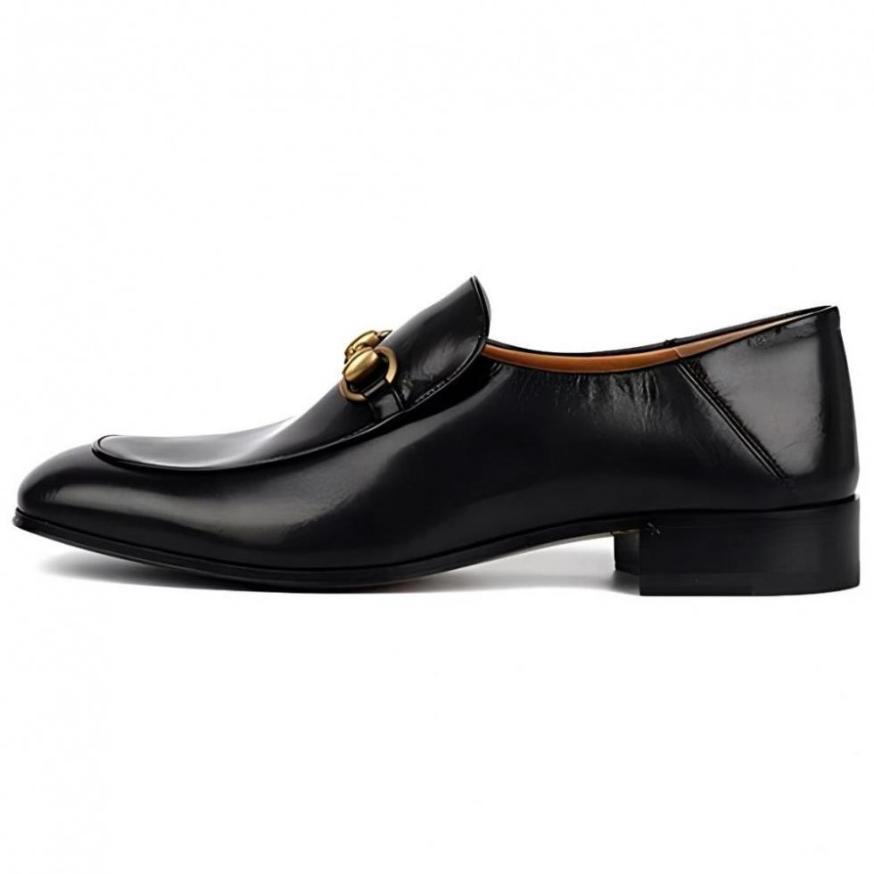 GUCCI Horsebit Slip On Loafer Gold Tone Black Leather Women's