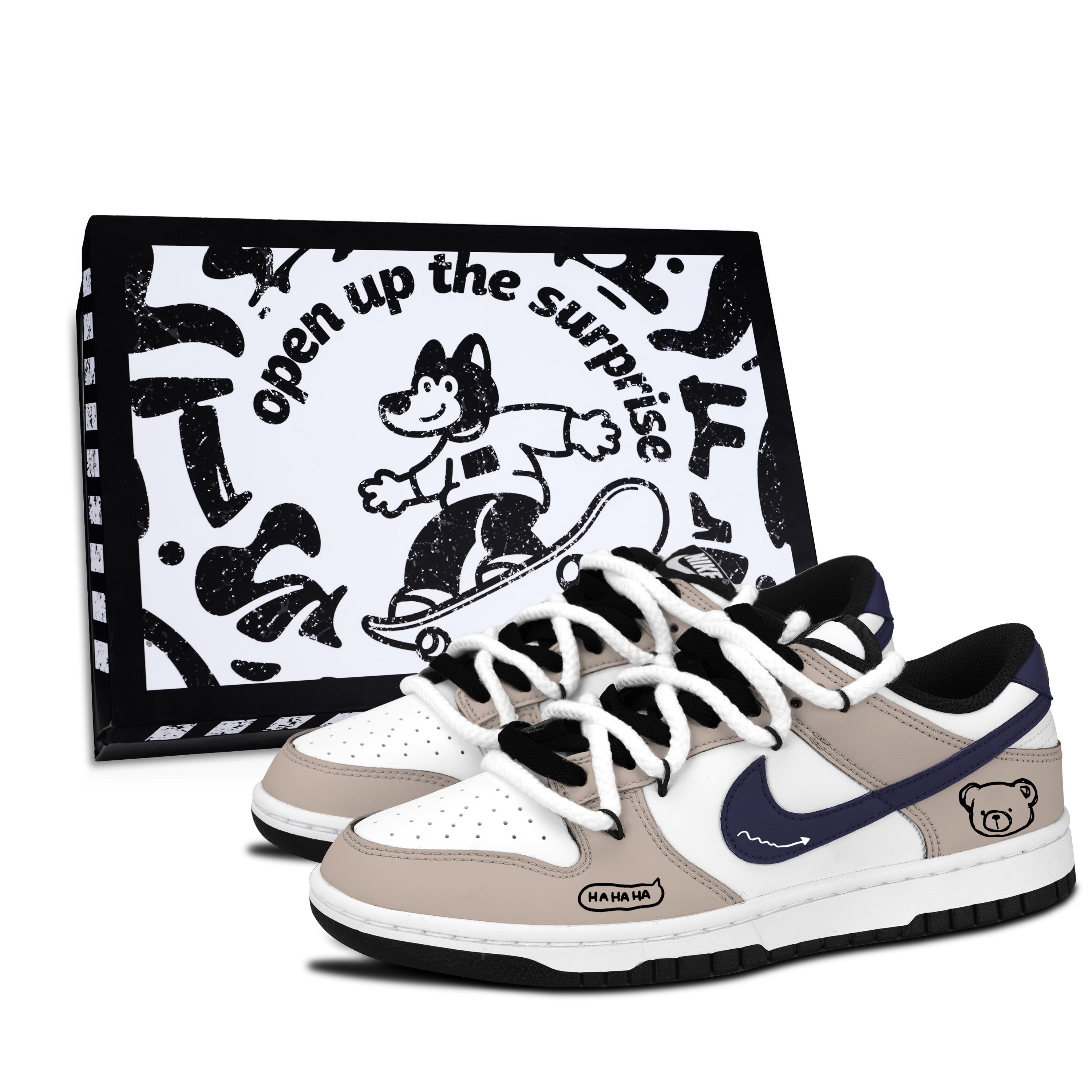 Nike Dunk Black White, Brown Tone Bear Fun Slip Resistant Abrasion Resistant Low top Skateboard Shoes Unisex