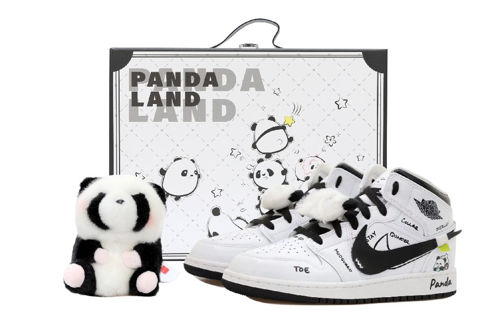 Jordan Air Jordan 1 Panda Slip Resistant Mid Top Vintage Basketball Shoes GS White Black Women's