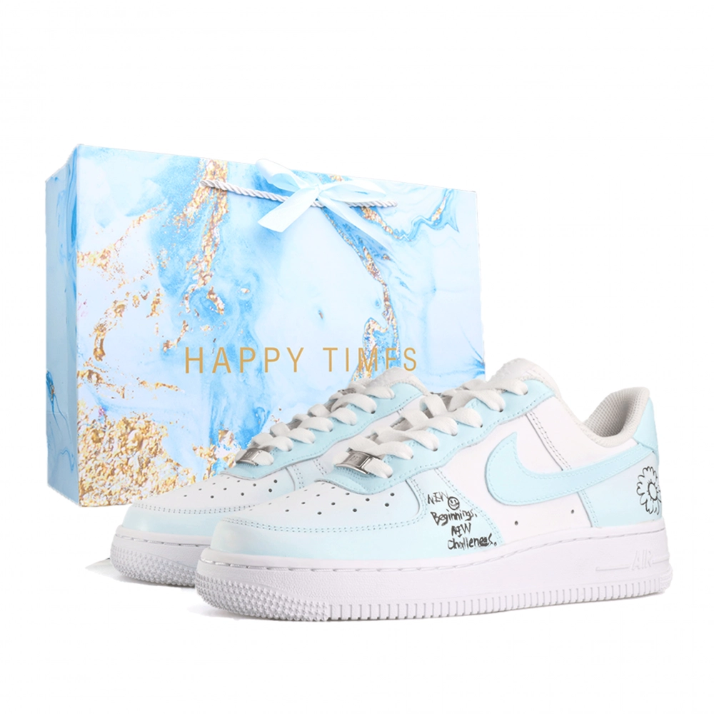 Nike Air Force 1 Air Force 1, Small Daisy, Shopping Bag Abrasion Resistant Low top Skateboard Shoes Unisex White Blue
