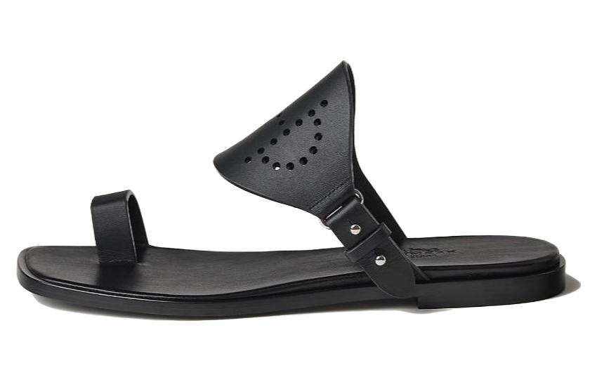 HERMES Hera Genuine Leather Sole Quick Dry Slide Slippers Women's Black