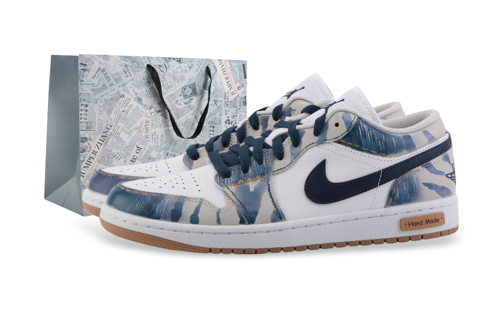 Jordan Air Jordan 1 Denim Anti Slip Wear Resistant Low Top Vintage Basketball Shoes Unisex White Blue