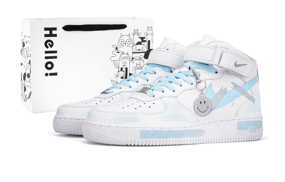 Nike Air Force 1 Anti Slip And Wear Resistant Lightweight Mid Top Vintage Basketball Shoes Unisex, White Blue Gray