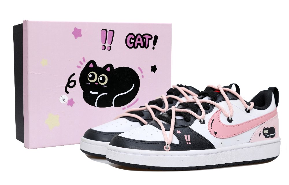 Nike Court Borough Black Pink Cat Abrasion Resistant Low Top Skateboard Shoes Women's Pink White Black