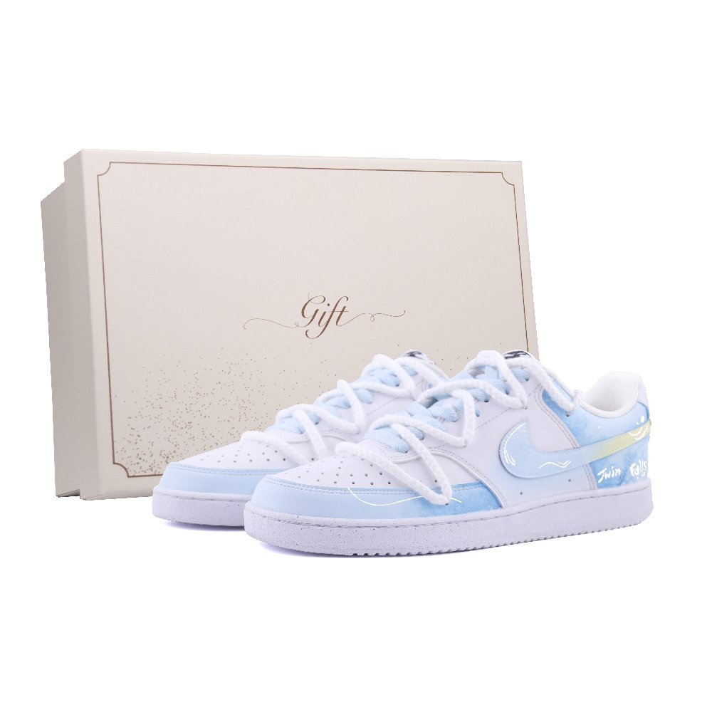 Nike Court Vision 1 Box, Blue Waterfall Anti Slip Wear Resistant Low Top Skateboard Shoes Men's Blue White