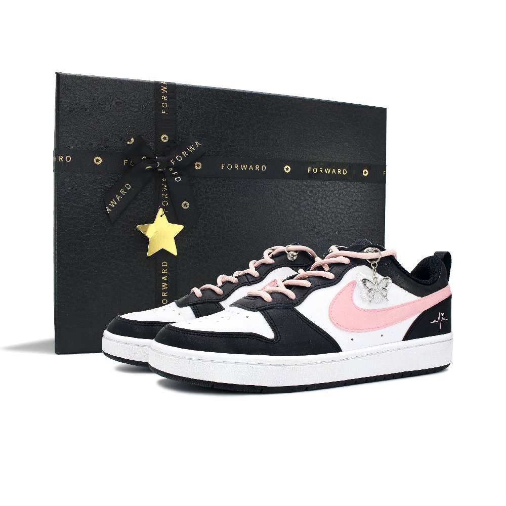 Nike Court Borough 2 Wear resistant And Lightweight Low Top Skateboard Shoes GS Black Pink