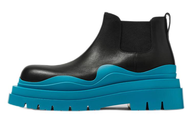 Bottega Veneta Leather Tire Chunky Sole Ankle Chelsea Boot Black Amalfi Blue