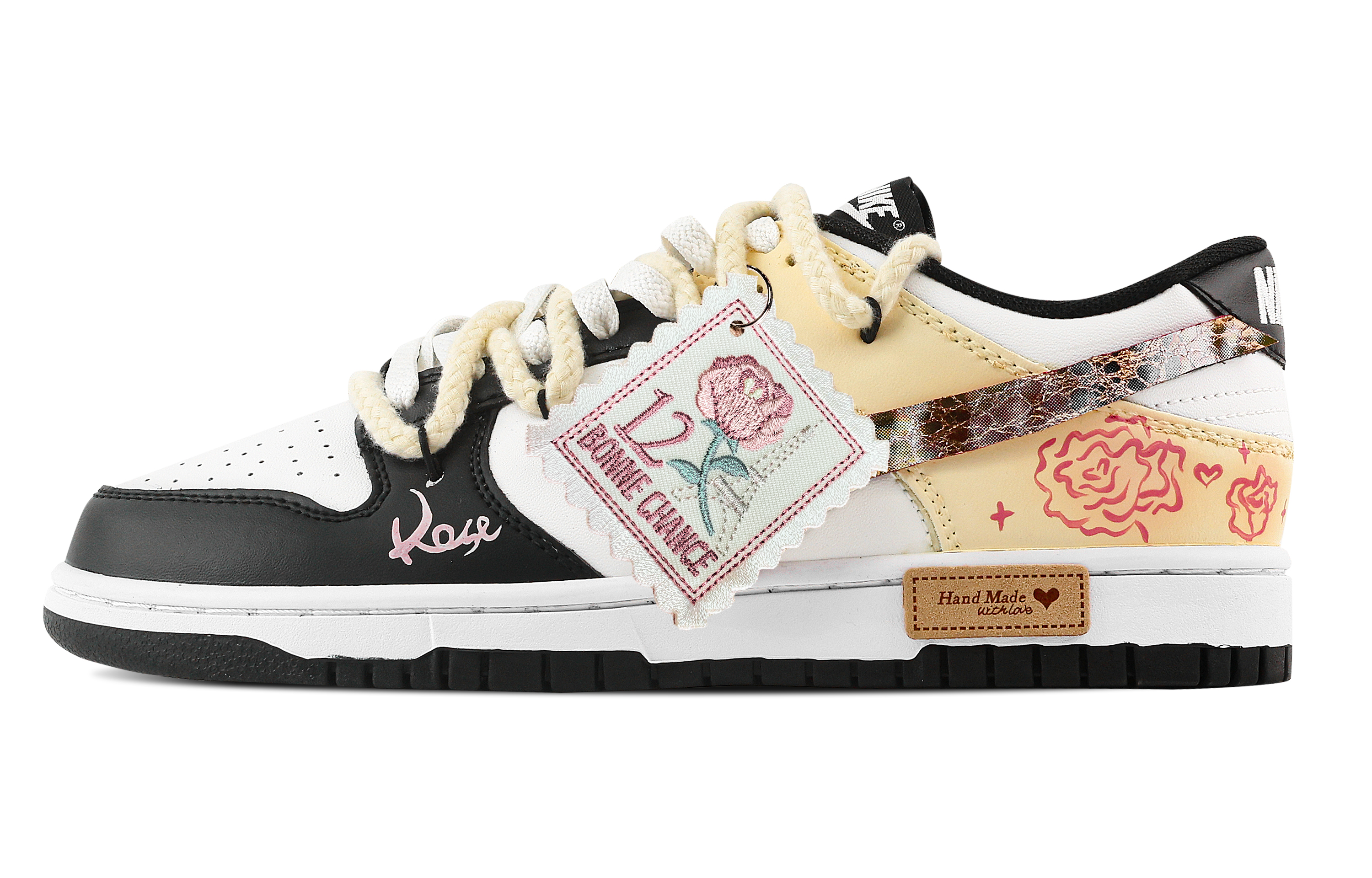 Nike Dunk Colorful Roses Abrasion Resistant Low top Skateboard Shoes Unisex Black Yellow