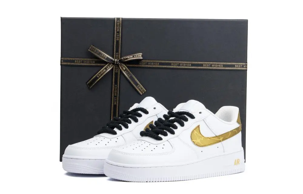 Nike Air Force 1 Golden Glow Cushioning Low top Skateboard Shoes Unisex White Gold