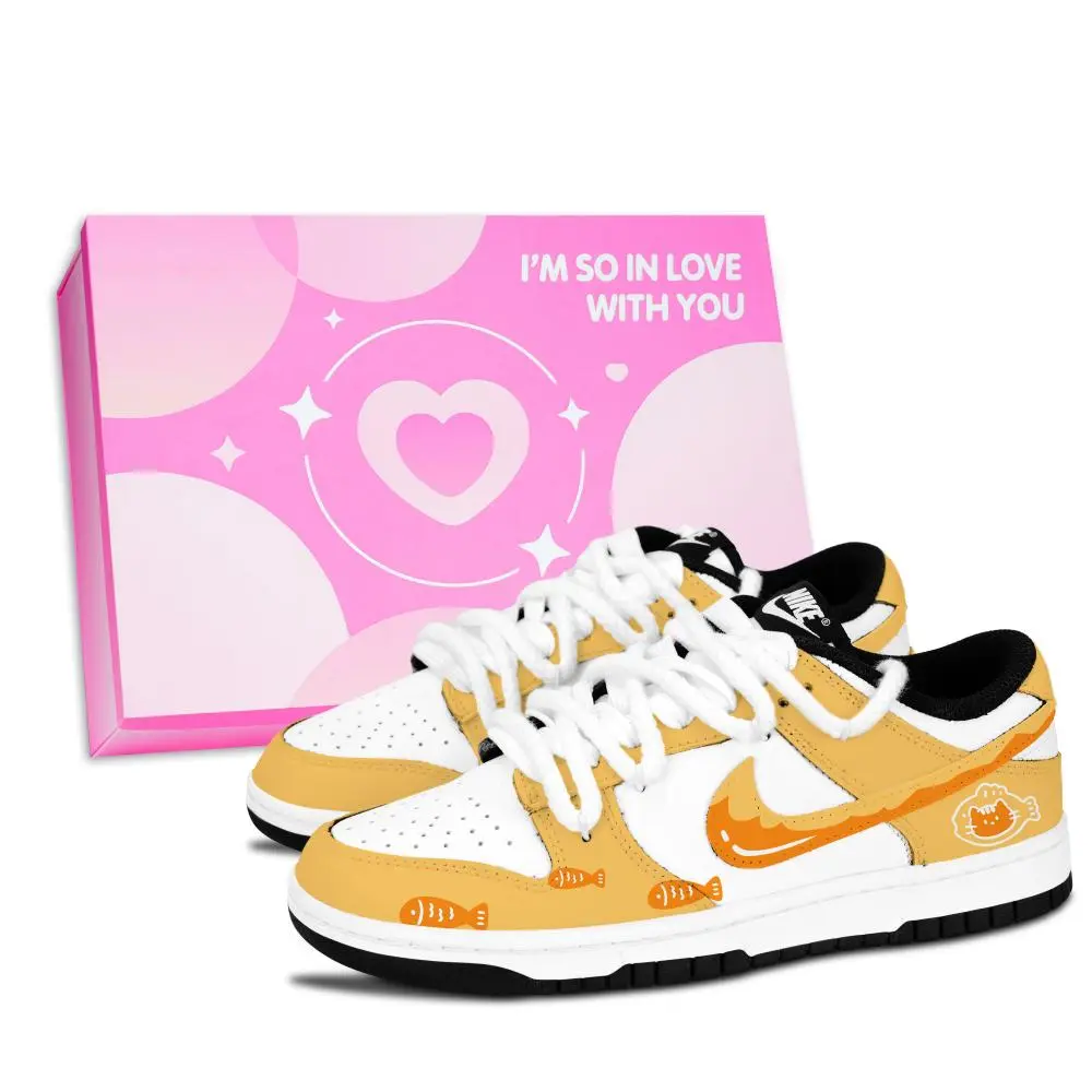 Nike Dunk Black White, Meow Fish Fun Slip Resistant Abrasion Resistant Low top Skateboard Shoes Unisex Yellow Orange