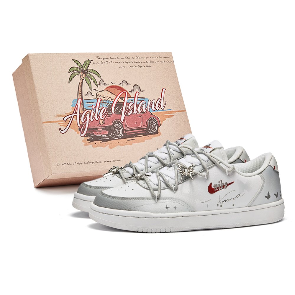 Nike Court Vintage Lively Island, Box, Silver Butterfly Abrasion Resistant Low Top Skateboard Shoes Women's White Gray