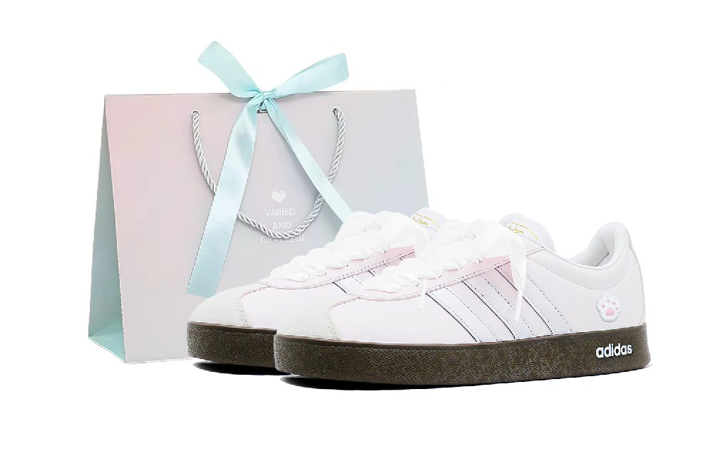 Adidas Neo VL Court 2.0 Summer Night Dreamy, Cat Paw Embroidery Appliqué Low Top Skateboard Shoes Unisex Pink Silver