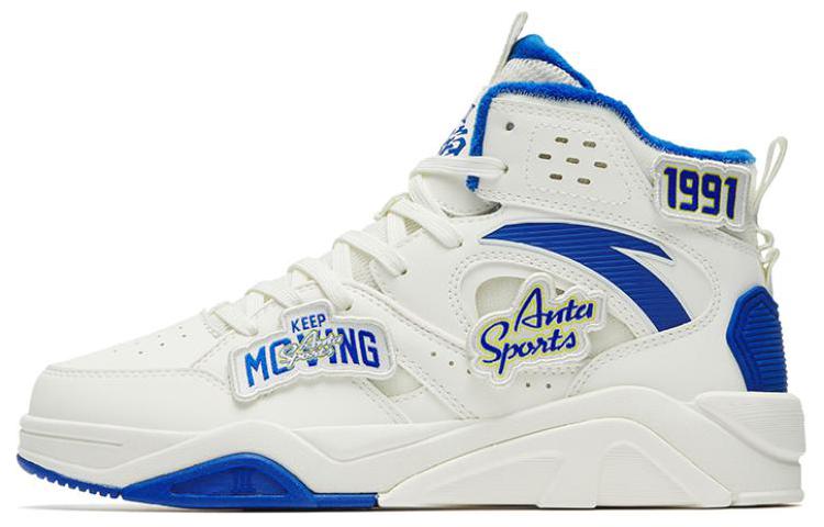 Anta Anti-Slip Wear-Resistant High-Top Skateboard Shoes Women's White Blue Fleece-Lined