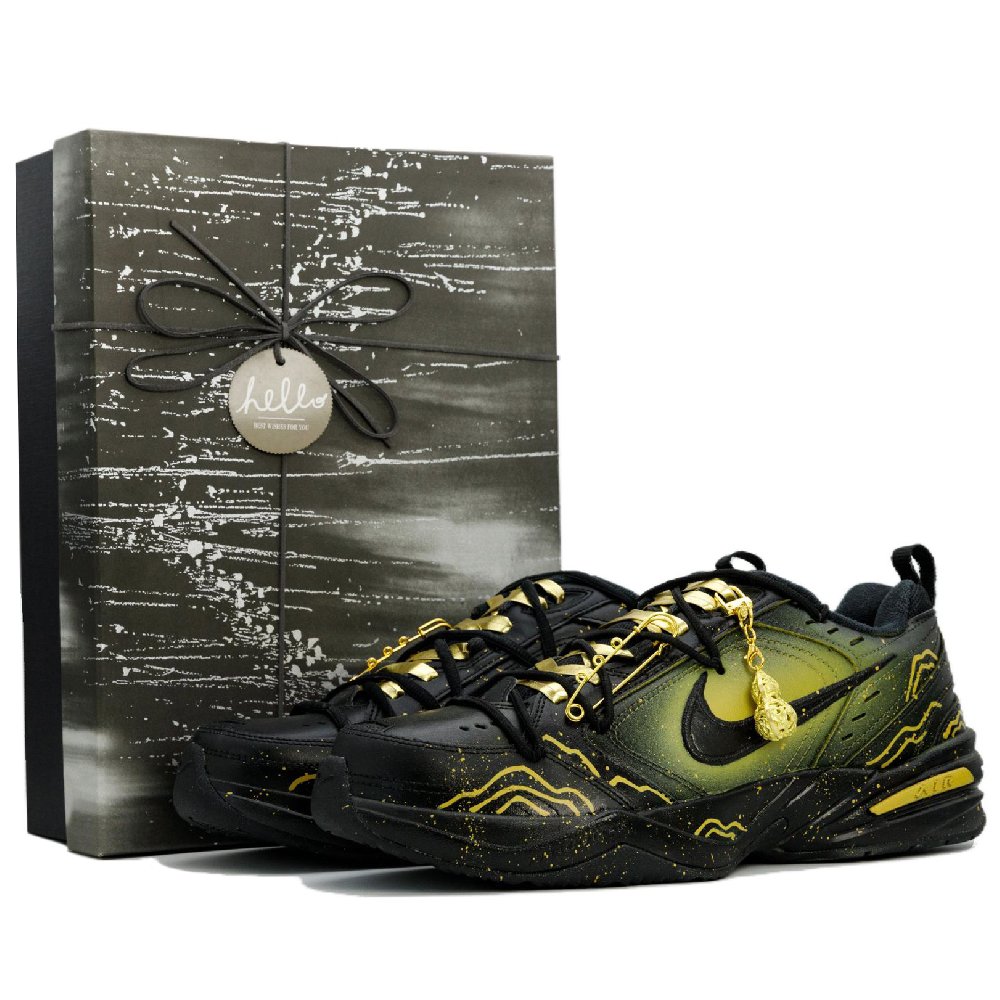 Nike Air Monarch 4 Black Gold Dominator Box Included Abrasion Resistant Low Top Chunky Sneakers Unisex Black