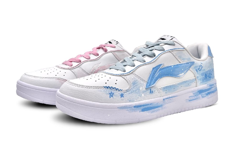 LiNing Pontoon Boats Slip Resistant, Abrasion Resistant, Breathable Low Top Skateboard Shoes Men's Blue Pink Mismatched