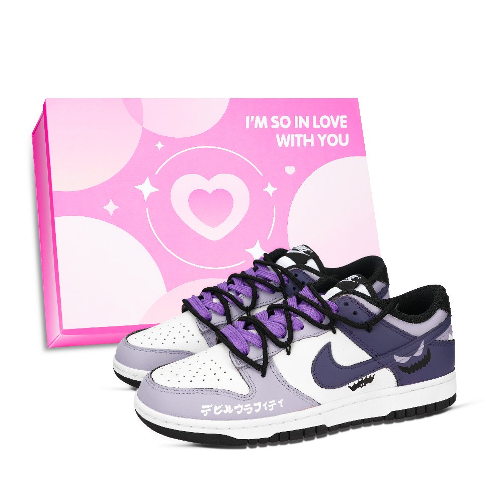 Nike Dunk Black White, Demon Graffiti Abrasion Resistant Low Top Skateboard Shoes Unisex Purple White
