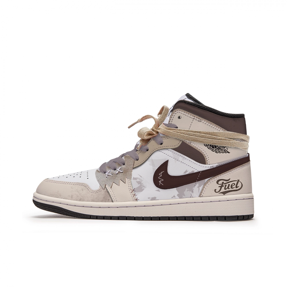 Jordan Air Jordan 1 Anti Slip Wear Resistant Mid Top Vintage Basketball Shoes Men's Brown White