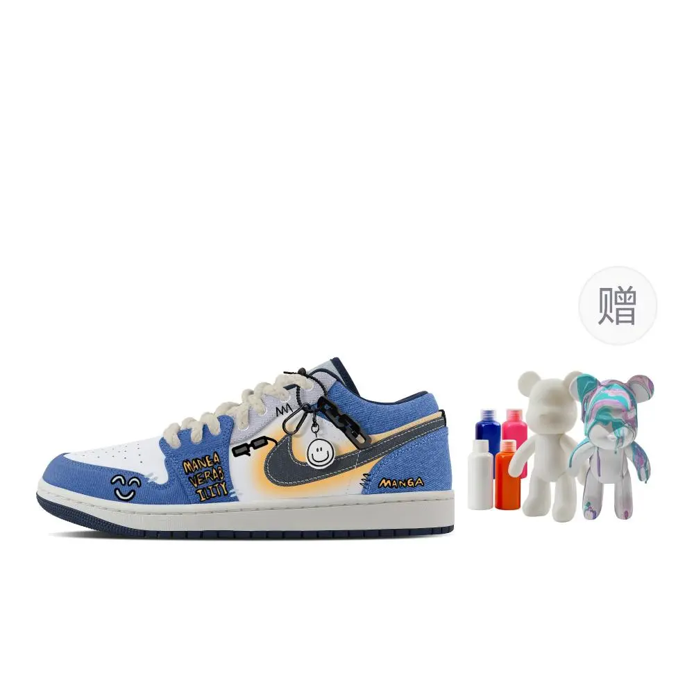Jordan Air Jordan 1 Toy City, Fluid Bear Abrasion Resistant Low top Vintage Basketball Shoes Men's Blue White