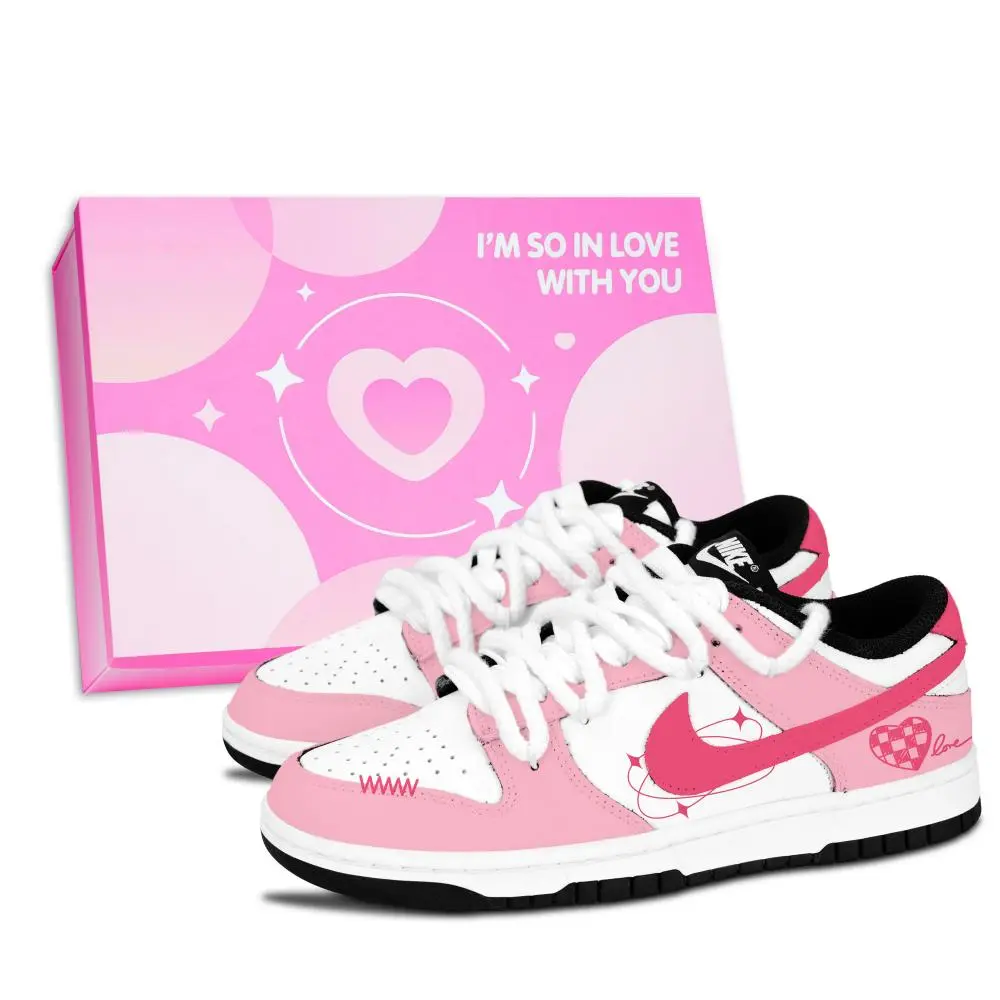 Nike Dunk Black White, Pink Heart Spin Abrasion Resistant Low top Skateboard Shoes Unisex Pink