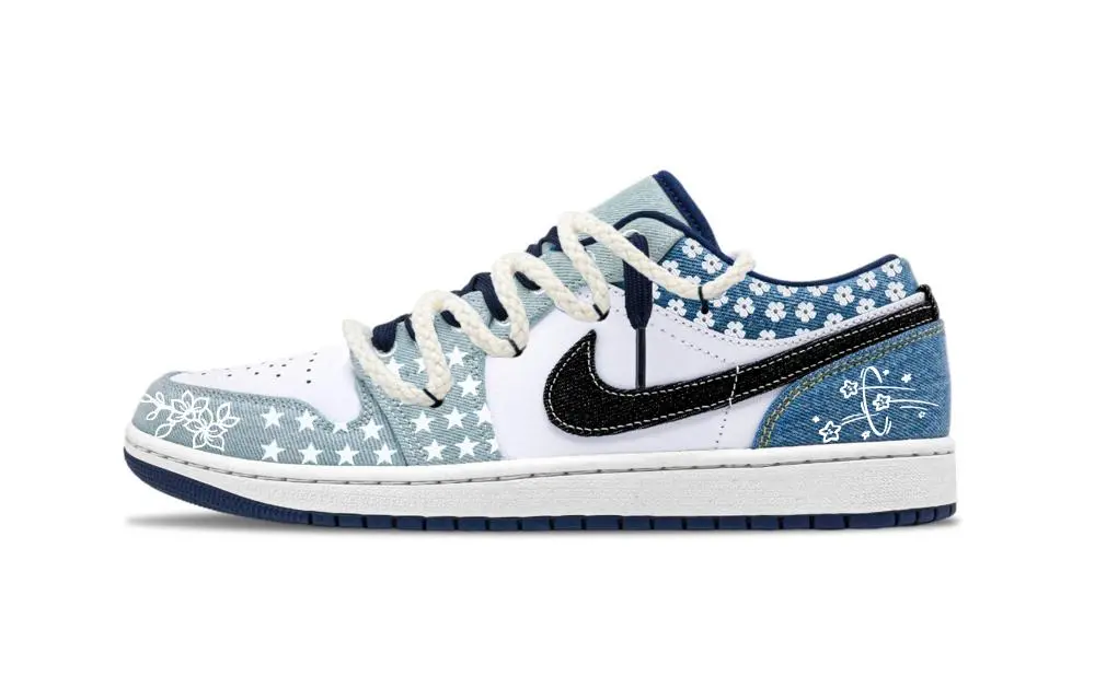 Jordan Air Jordan 1 Denim Blue And White Low top Vintage Basketball Shoes Unisex White Blue