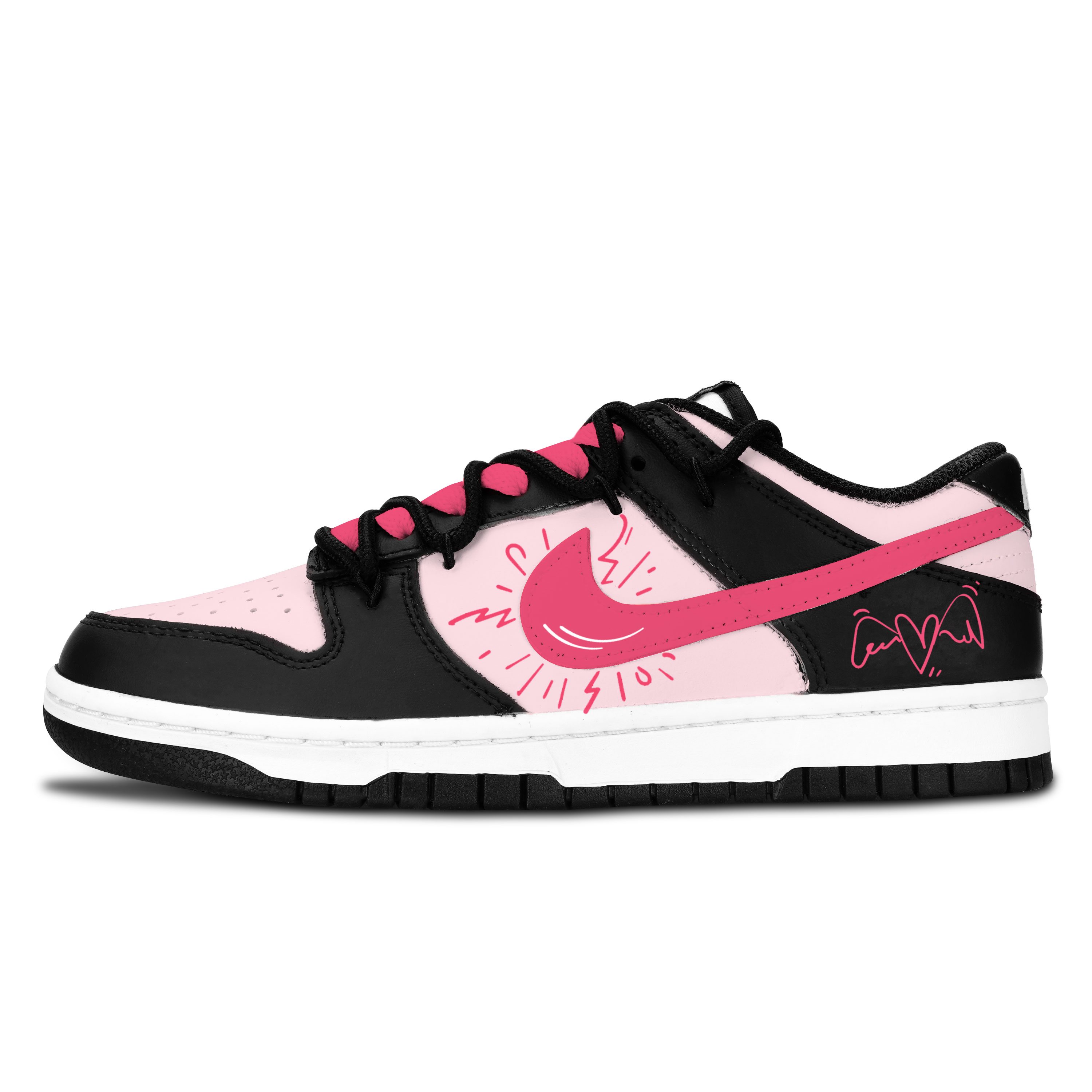 Nike Dunk Black White, Pink Wing Sweetheart Abrasion Resistant Slip Resistant Low top Skateboard Shoes Unisex