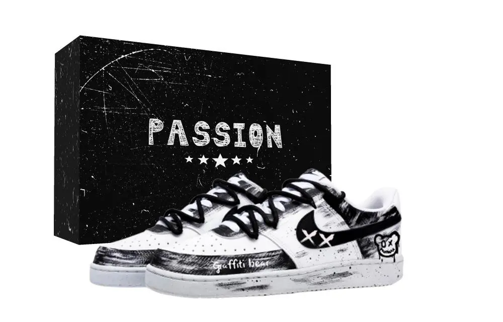 Nike Court Vision 1 Graffiti Bear Box Abrasion Resistant Low top Skateboard Shoes Unisex Black White
