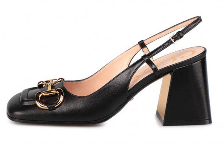 GUCCI Horsebit 75mm Heeled Slingback Black Leather Women's