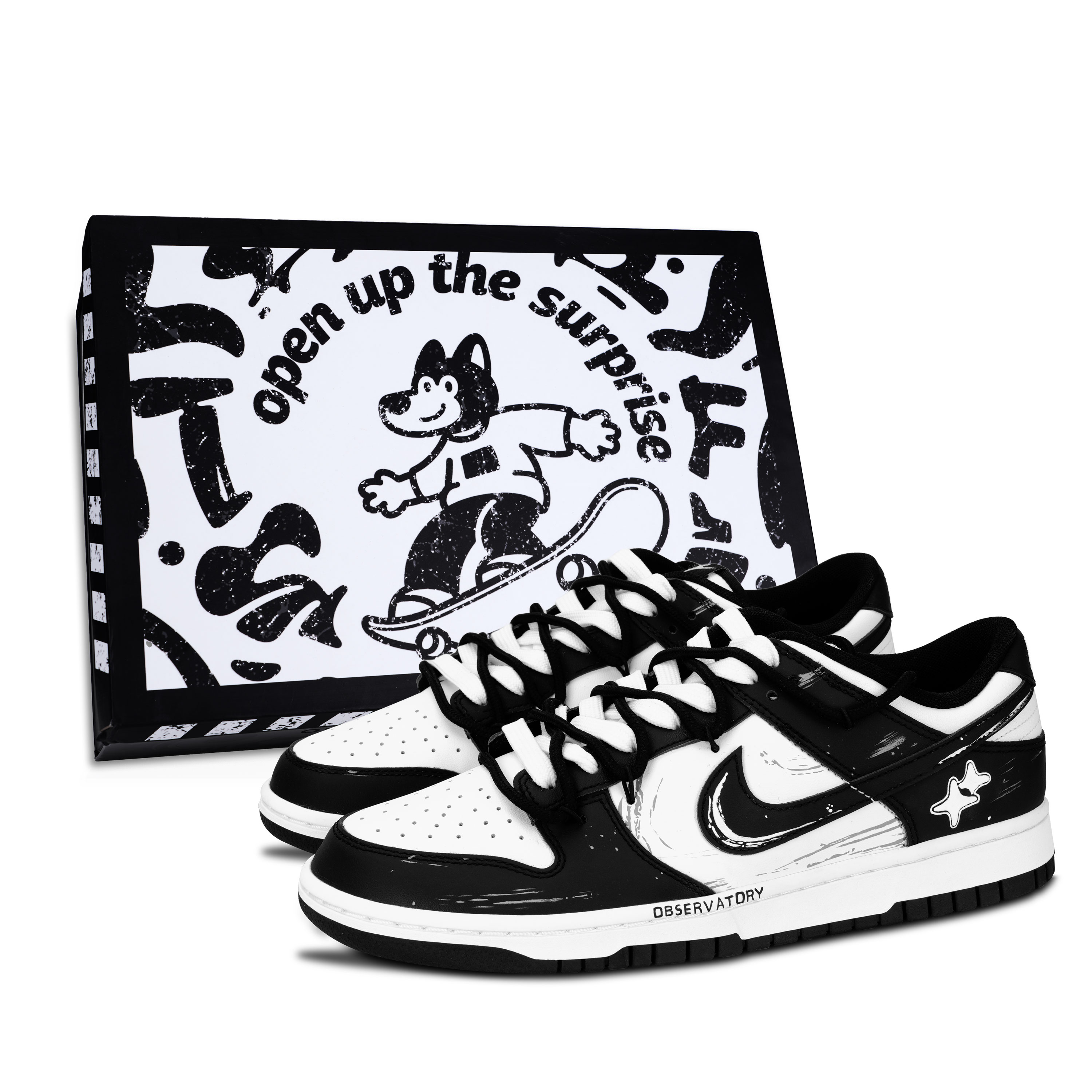 Nike Dunk Black White, Racing Black Shoe Box Abrasion Resistant Low top Skateboard Shoes Unisex Black
