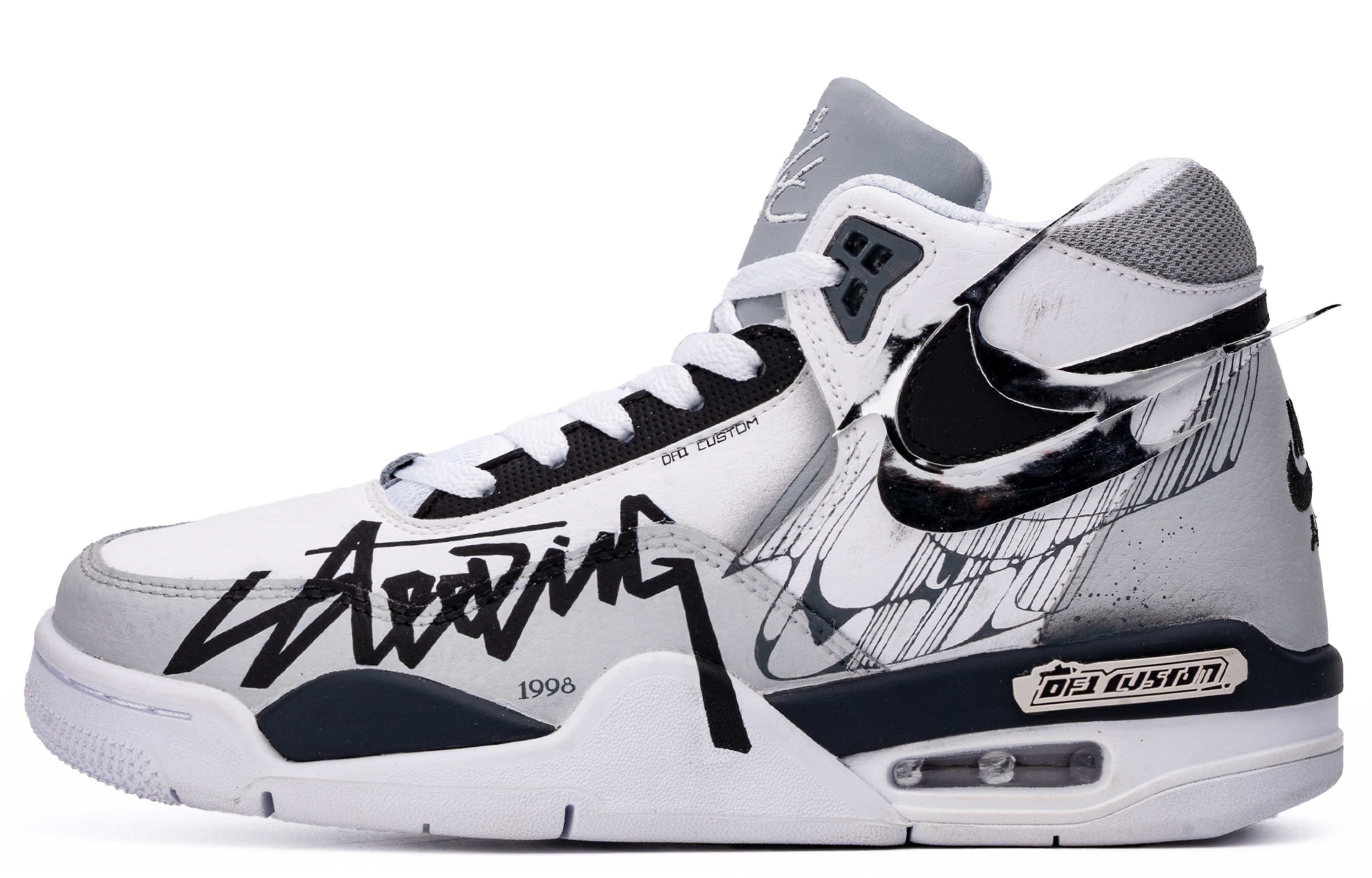 Nike Flight Legacy ADCDAVINCI Custom, Silver Wing Mid top Vintage Basketball Shoes Unisex Silver Gray White