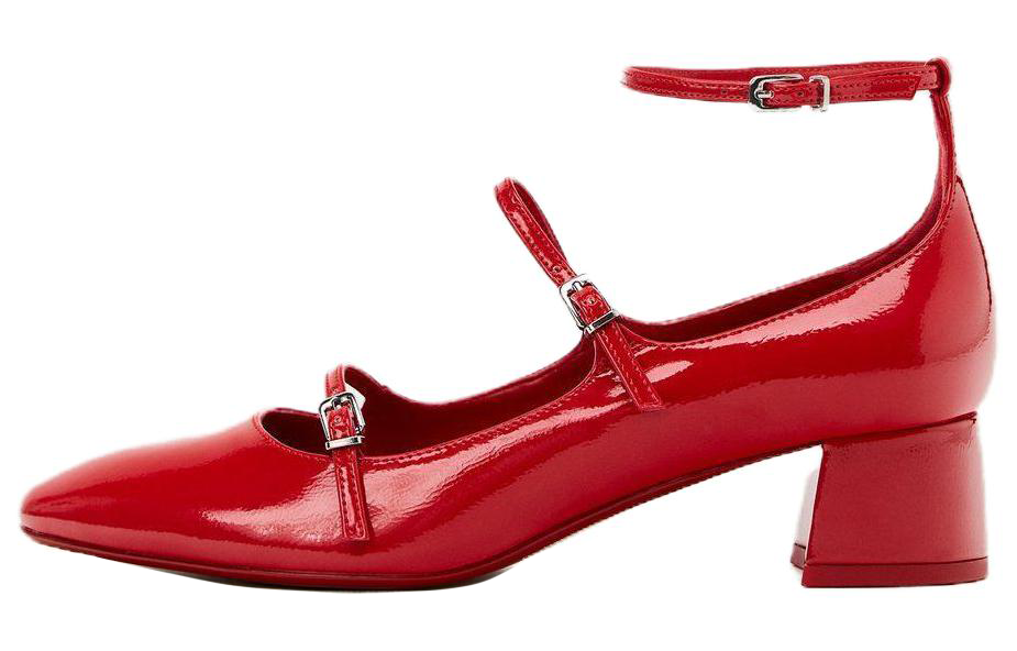 ZARA Chunky Heel Mary Jane Shoes 4cm Women's Red