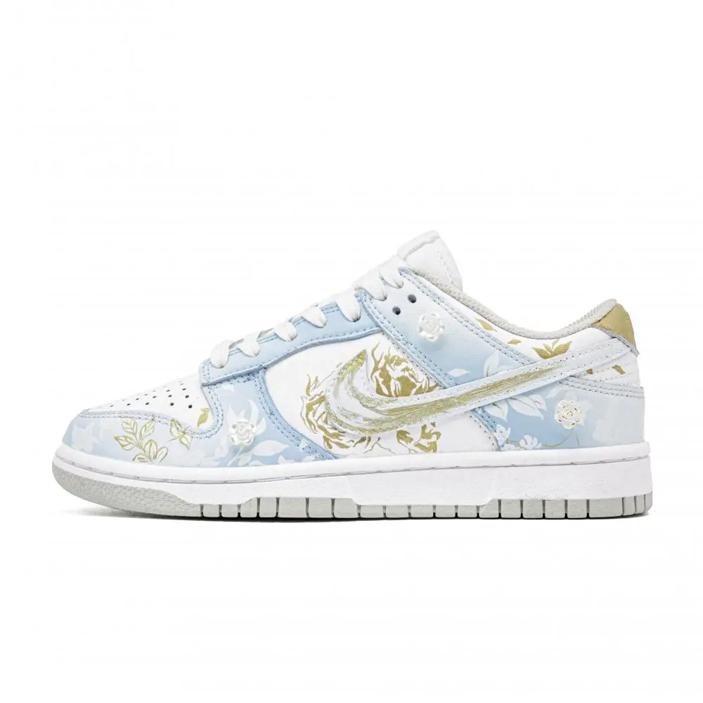 Nike Dunk Fortune Love, Footprint Innovation Abrasion Resistant Low top Skateboard Shoes Unisex White Blue Gold