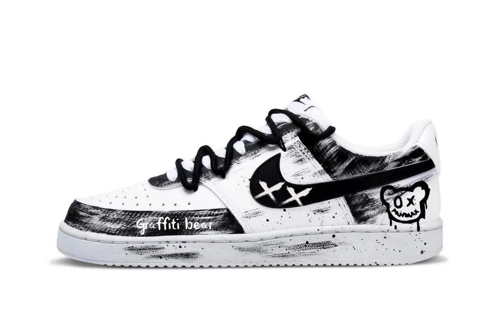 Nike Court Vision 1 Graffiti Bear Abrasion Resistant Low top Skateboard Shoes Unisex Black White