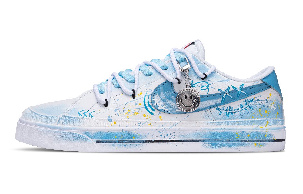 Nike Court Legacy Graffiti Smiley Face Anti Slip Wear Resistant Low Top Skateboard Shoes Unisex Light Blue