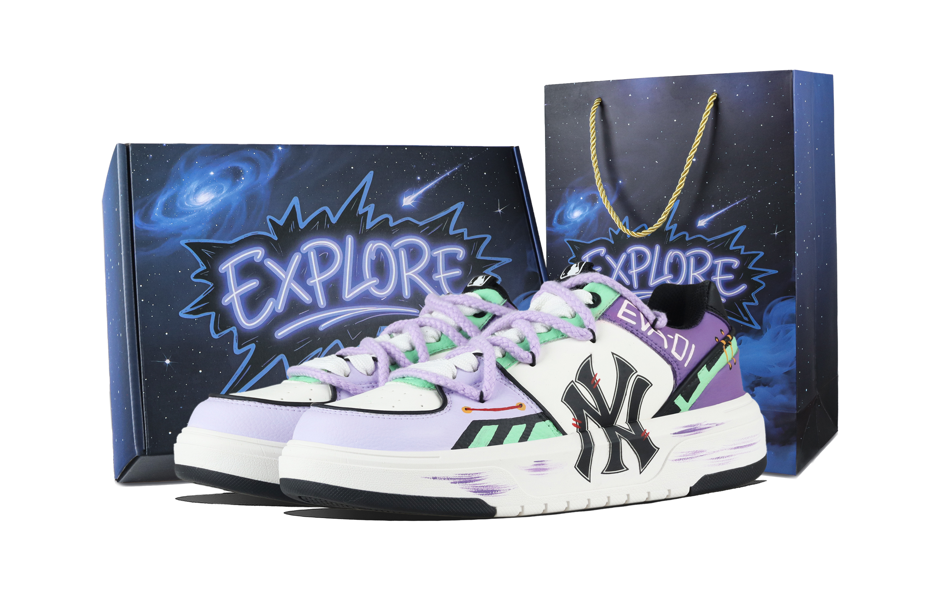 MLB Chunky Liner Evangelion 01 Box Abrasion Resistant Low top Skateboard Shoes Unisex White Purple